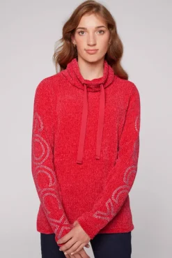 Damen CAMP DAVID & SOCCX Rollkragenpullover in Chenillestrick mit Logo Prints clear red
