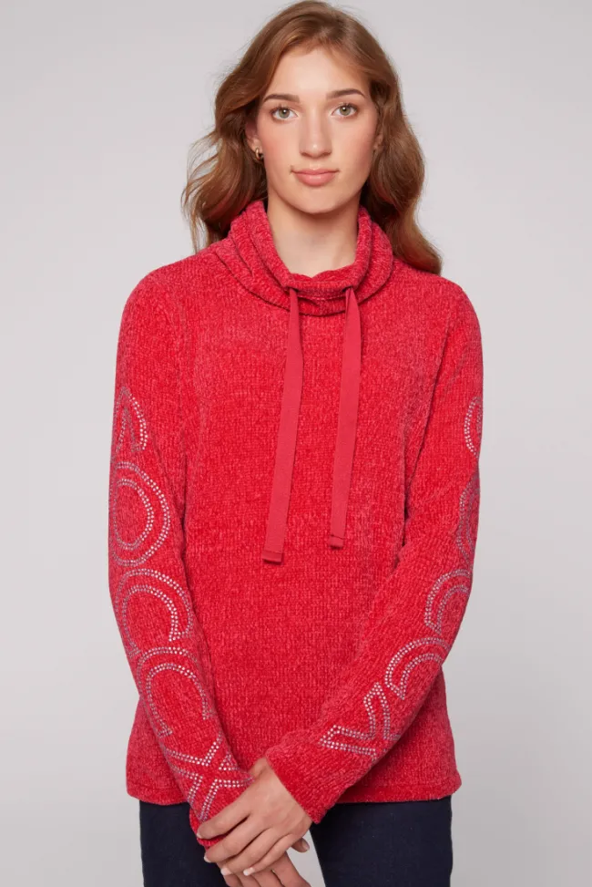 Damen CAMP DAVID & SOCCX Rollkragenpullover in Chenillestrick mit Logo Prints clear red