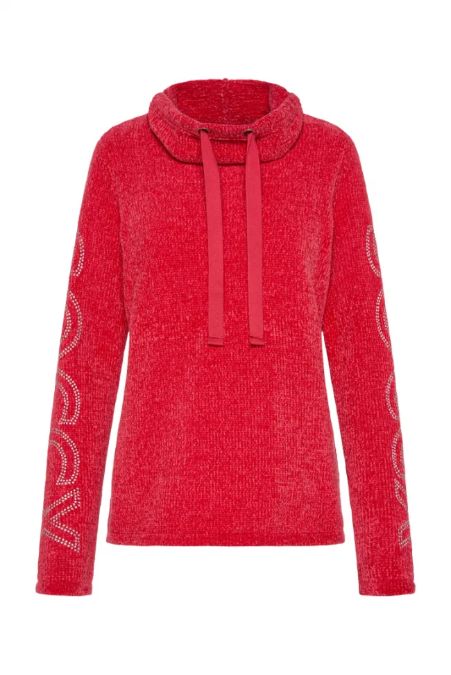 Damen CAMP DAVID & SOCCX Rollkragenpullover in Chenillestrick mit Logo Prints clear red