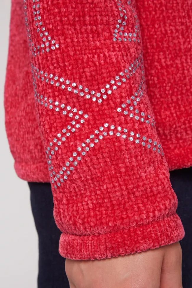 Damen CAMP DAVID & SOCCX Rollkragenpullover in Chenillestrick mit Logo Prints clear red