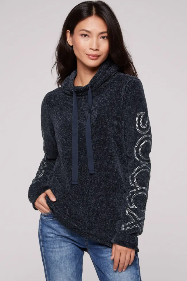Damen CAMP DAVID & SOCCX Rollkragenpullover in Chenillestrick mit Logo Prints blue navy