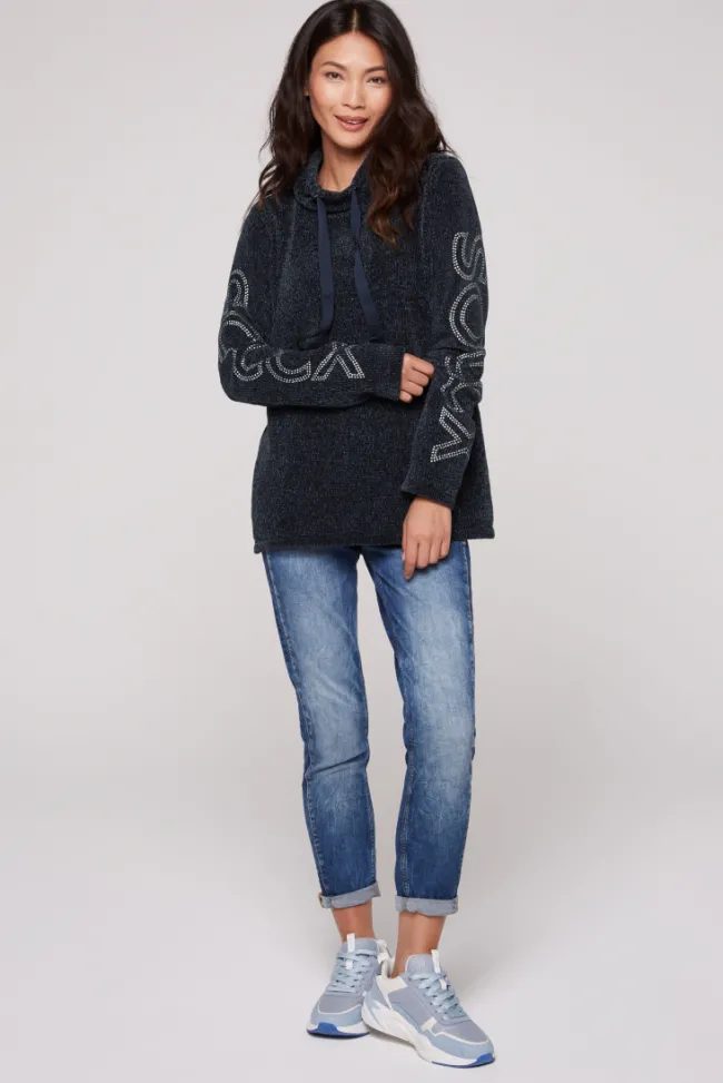 Damen CAMP DAVID & SOCCX Rollkragenpullover in Chenillestrick mit Logo Prints blue navy