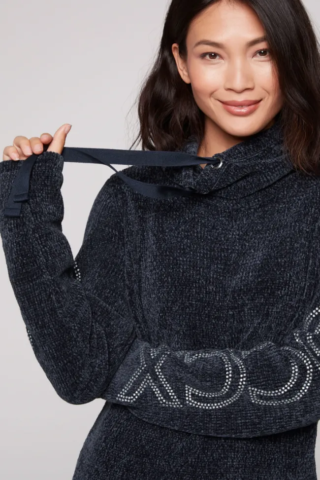 Damen CAMP DAVID & SOCCX Rollkragenpullover in Chenillestrick mit Logo Prints blue navy