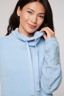 Damen CAMP DAVID & SOCCX Rollkragenpullover in Chenillestrick mit Logo Prints cozy blue