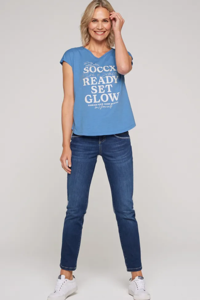 Damen CAMP DAVID & SOCCX Shirt mit V-Ausschnitt und Wording Print airy blue