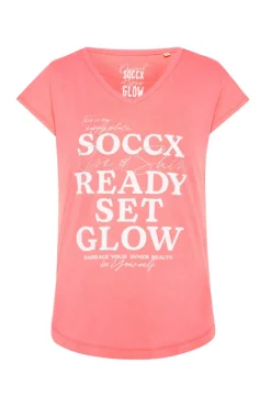 Damen CAMP DAVID & SOCCX Shirt mit V-Ausschnitt und Wording Print neon pink