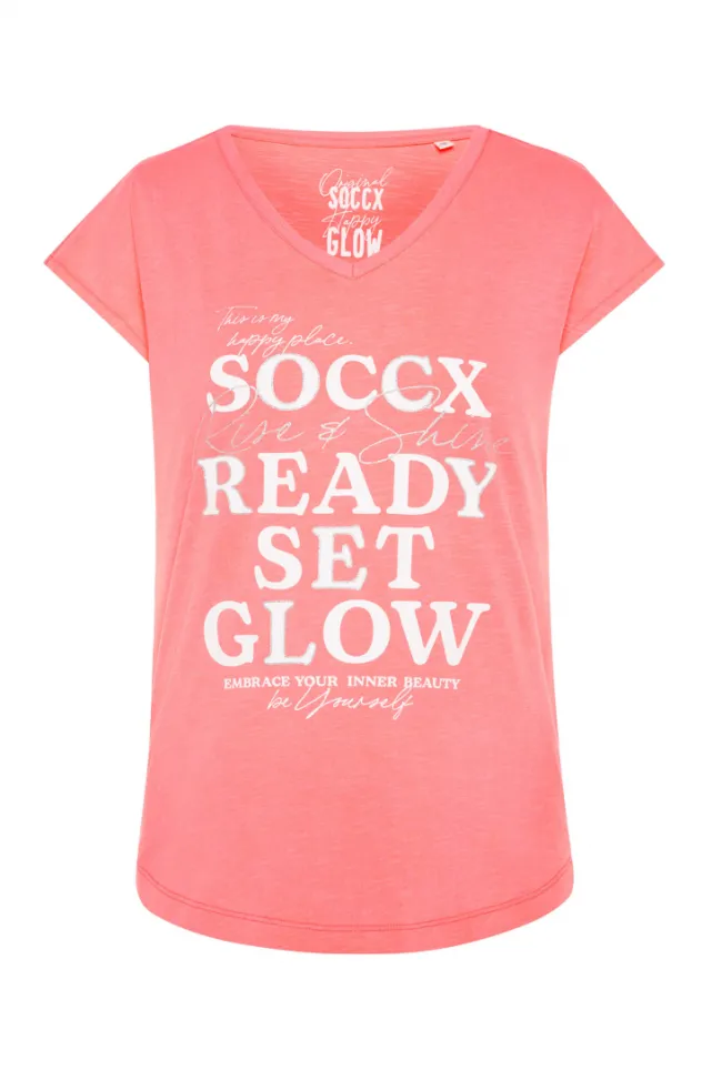Damen CAMP DAVID & SOCCX Shirt mit V-Ausschnitt und Wording Print neon pink