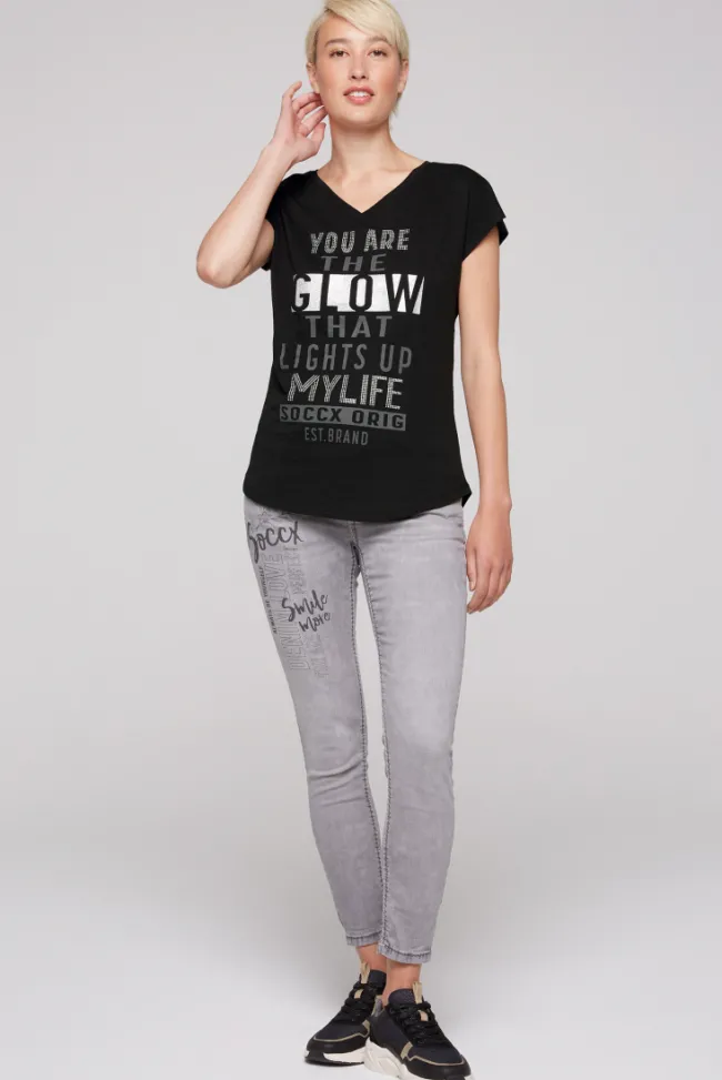 Damen CAMP DAVID & SOCCX Shirt mit V-Ausschnitt und Wording Print