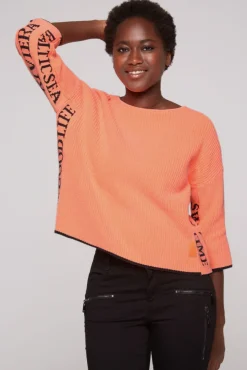 Damen CAMP DAVID & SOCCX Stone Washed Pullover mit Intarsia-Design neon orange | XL