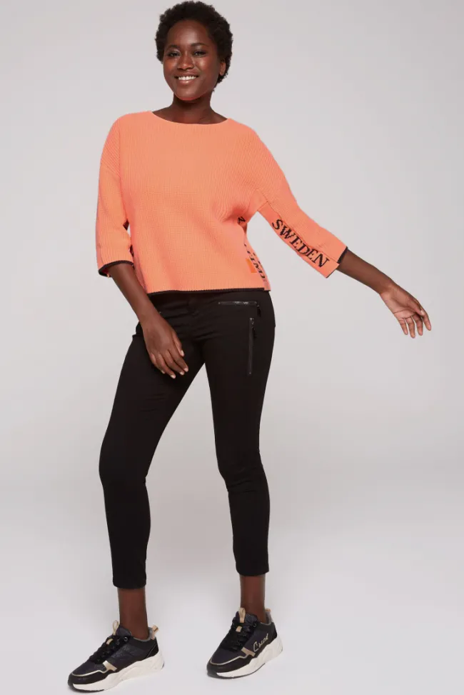 Damen CAMP DAVID & SOCCX Stone Washed Pullover mit Intarsia-Design neon orange | XL
