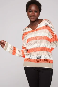 Damen CAMP DAVID & SOCCX Streifenpullover in Ajourstrick neon orange / dark kitt