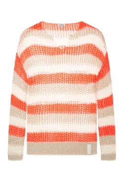 Damen CAMP DAVID & SOCCX Streifenpullover in Ajourstrick neon orange / dark kitt