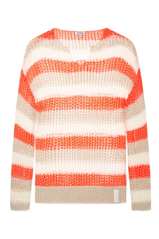 Damen CAMP DAVID & SOCCX Streifenpullover in Ajourstrick neon orange / dark kitt