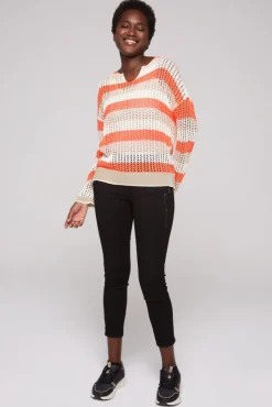 Damen CAMP DAVID & SOCCX Streifenpullover in Ajourstrick neon orange / dark kitt