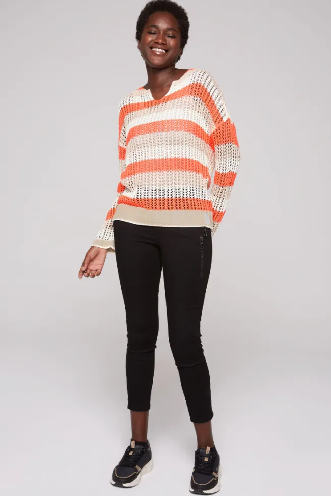 Damen CAMP DAVID & SOCCX Streifenpullover in Ajourstrick neon orange / dark kitt