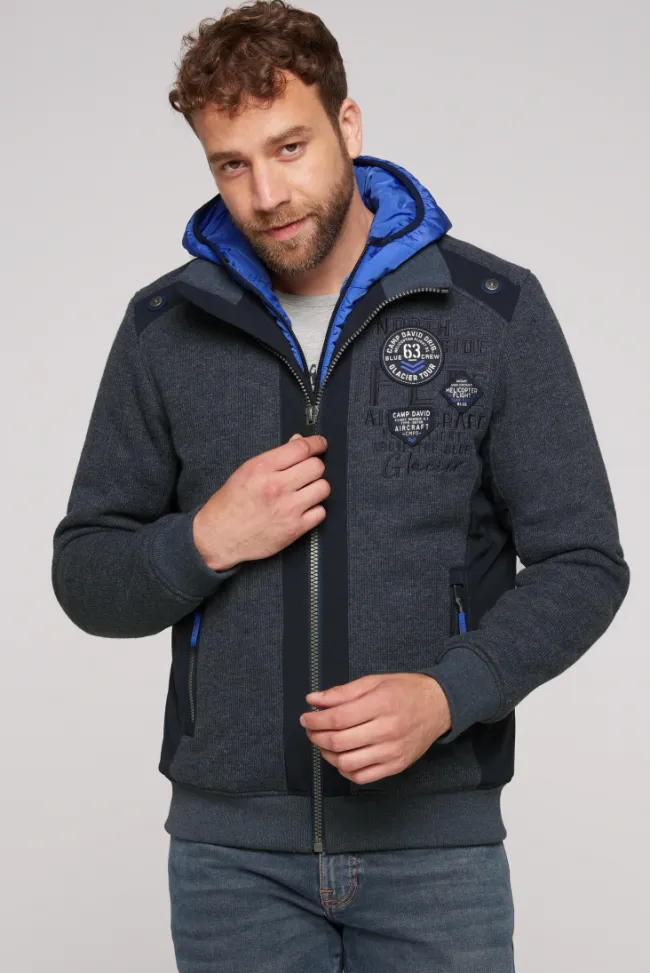 Herren CAMP DAVID & SOCCX Strickfleecejacke mit abtrennbaren Kapuzen-Einsatz blue navy melange