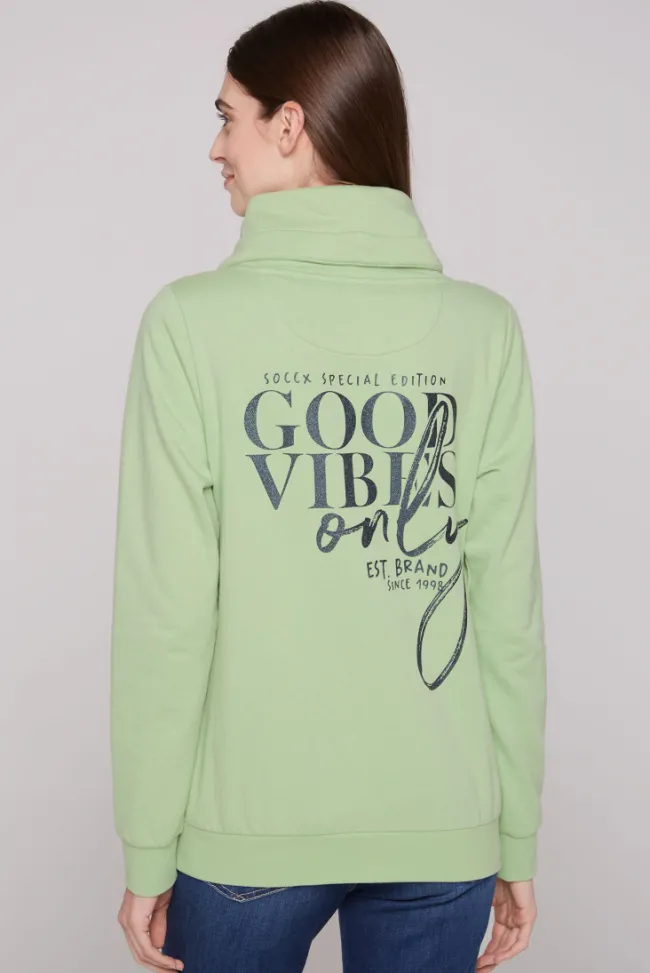 Damen CAMP DAVID & SOCCX Sweatjacke mit hohem Kragen und Rücken-Print light green