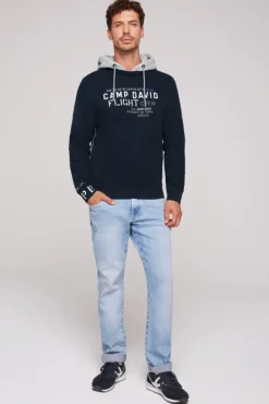 Herren CAMP DAVID & SOCCX Sweatshirt mit Kontrastkapuze und Logo-Stickereien blue navy
