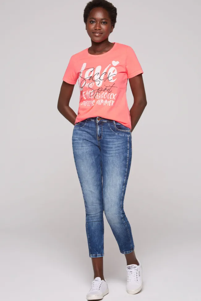 Damen CAMP DAVID & SOCCX T-Shirt mit Glitter-Puff-Print neon pink