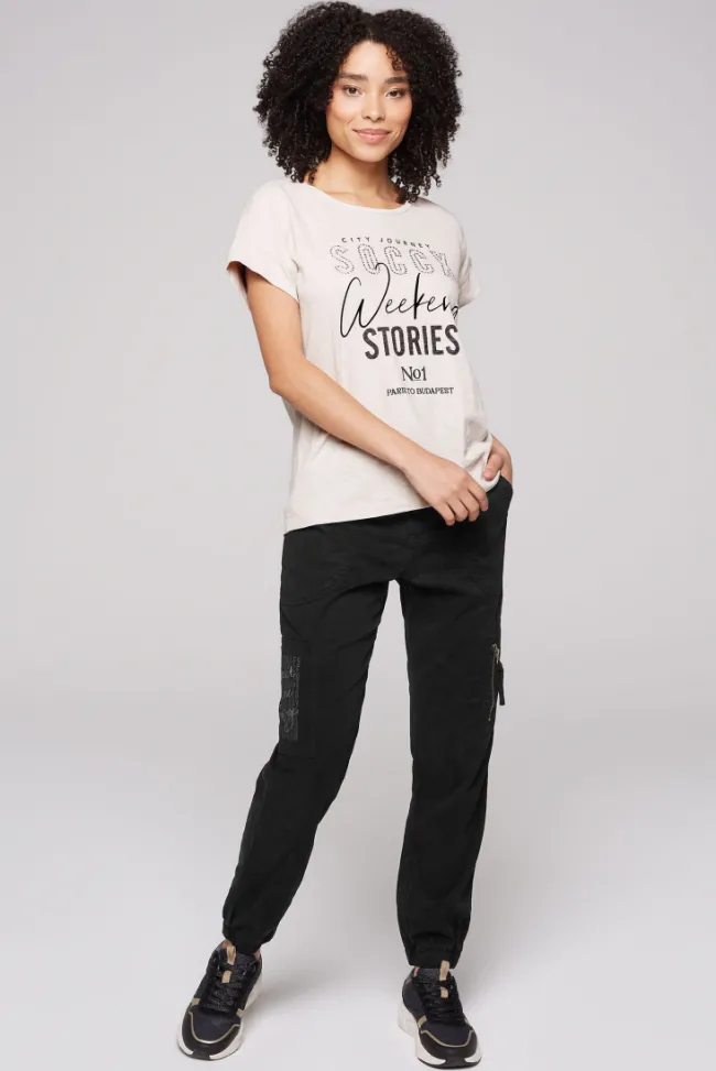 Damen CAMP DAVID & SOCCX T-Shirt mit Logo aus Schmucknieten stone beige