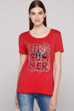 Damen CAMP DAVID & SOCCX T-Shirt mit Pailletten-Artwork red orange