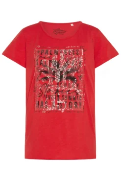 Damen CAMP DAVID & SOCCX T-Shirt mit Pailletten-Artwork red orange