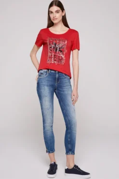 Damen CAMP DAVID & SOCCX T-Shirt mit Pailletten-Artwork red orange