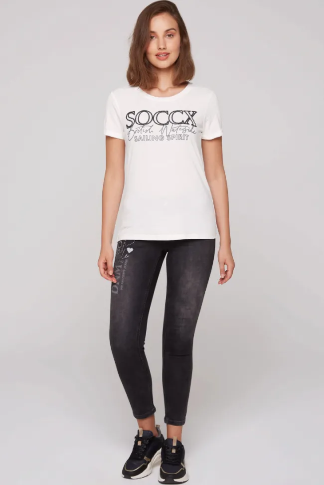 Damen CAMP DAVID & SOCCX T-Shirt mit Rundhalsausschnitt und Glitter Print