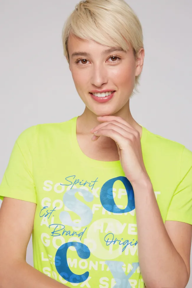 Damen CAMP DAVID & SOCCX T-Shirt mit Rundhalsausschnitt und Print yellow lime