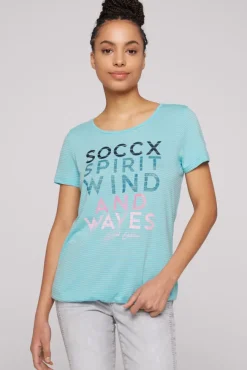 Damen CAMP DAVID & SOCCX T-Shirt mit tonigen Streifen und Glitter Print coast blue