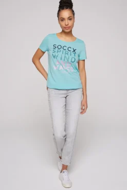 Damen CAMP DAVID & SOCCX T-Shirt mit tonigen Streifen und Glitter Print coast blue
