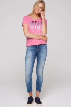 Damen CAMP DAVID & SOCCX T-Shirt mit tonigen Streifen und Glitter Print pink punch