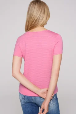 Damen CAMP DAVID & SOCCX T-Shirt mit tonigen Streifen und Glitter Print pink punch