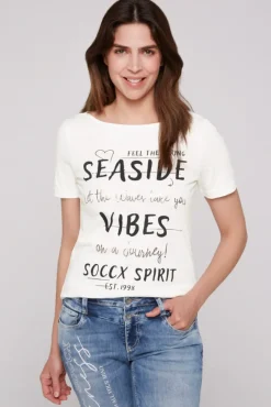 Damen CAMP DAVID & SOCCX T-Shirt mit U-Boot-Ausschnitt und Wording Print