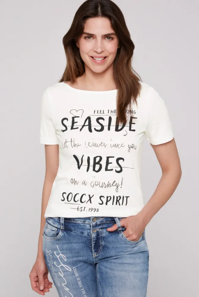 Damen CAMP DAVID & SOCCX T-Shirt mit U-Boot-Ausschnitt und Wording Print