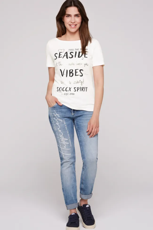 Damen CAMP DAVID & SOCCX T-Shirt mit U-Boot-Ausschnitt und Wording Print