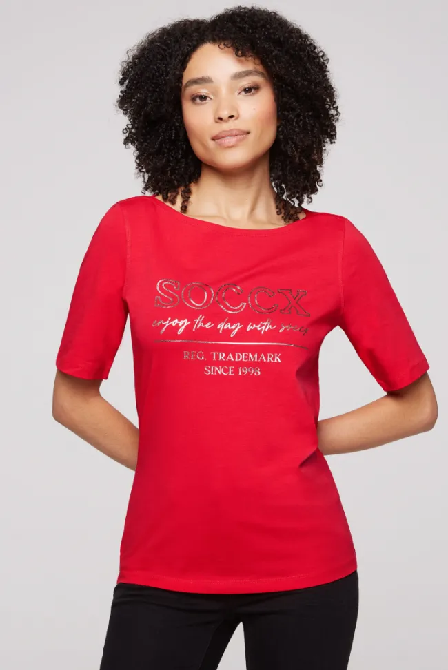 Damen CAMP DAVID & SOCCX T-Shirt mit U-Bootausschnitt und Print clear red
