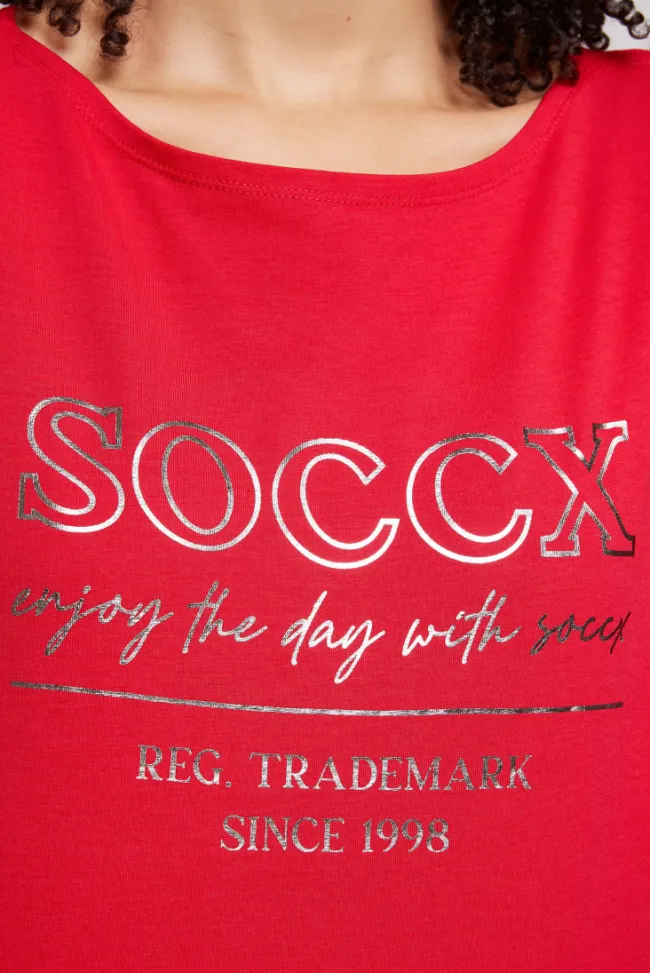 Damen CAMP DAVID & SOCCX T-Shirt mit U-Bootausschnitt und Print clear red