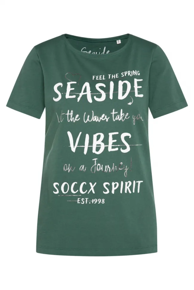 Damen CAMP DAVID & SOCCX T-Shirt mit U-Boot-Ausschnitt und Wording Print dark green