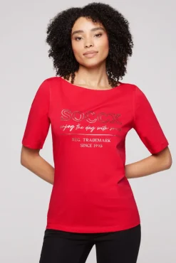 Damen CAMP DAVID & SOCCX T-Shirt mit U-Bootausschnitt und Print clear red