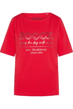 Damen CAMP DAVID & SOCCX T-Shirt mit U-Bootausschnitt und Print clear red