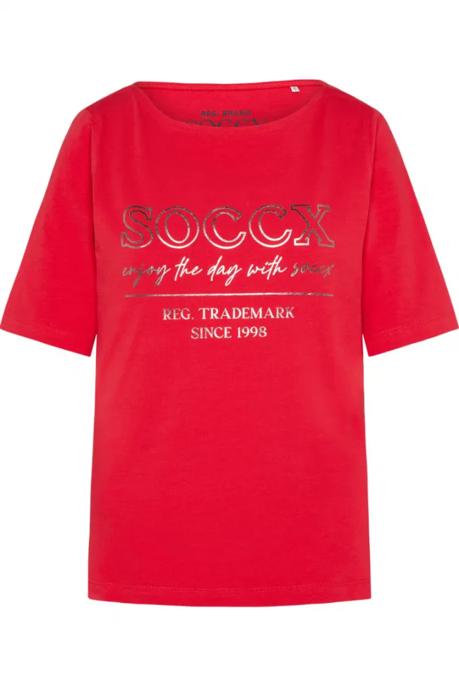 Damen CAMP DAVID & SOCCX T-Shirt mit U-Bootausschnitt und Print clear red