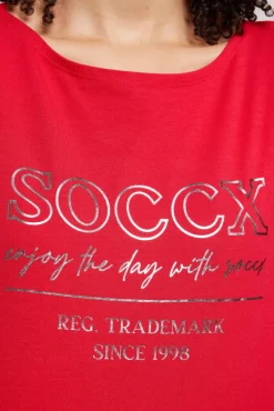 Damen CAMP DAVID & SOCCX T-Shirt mit U-Bootausschnitt und Print clear red