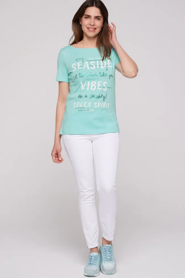 Damen CAMP DAVID & SOCCX T-Shirt mit U-Boot-Ausschnitt und Wording Print flash aqua | S