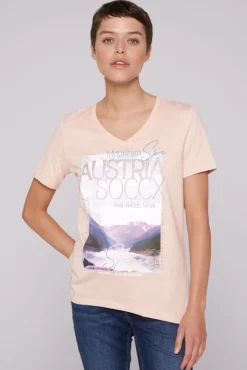 Damen CAMP DAVID & SOCCX T-Shirt mit V-Ausschnitt und Photoprint rose blush