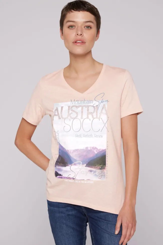 Damen CAMP DAVID & SOCCX T-Shirt mit V-Ausschnitt und Photoprint rose blush