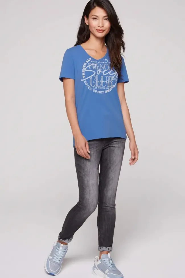 Damen CAMP DAVID & SOCCX T-Shirt mit V-Ausschnitt und Print