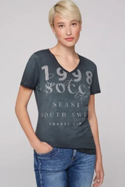 Damen CAMP DAVID & SOCCX T-Shirt mit V-Ausschnitt und Wording Print blue navy