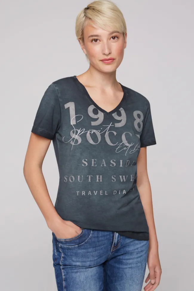 Damen CAMP DAVID & SOCCX T-Shirt mit V-Ausschnitt und Wording Print blue navy