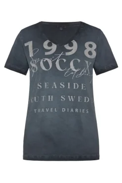 Damen CAMP DAVID & SOCCX T-Shirt mit V-Ausschnitt und Wording Print blue navy